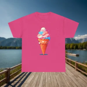 Flatlay of a bright fuchsia t-shirt with a dripping pink ice cream cone graphic, placed in front of a lakeside mountain backdrop.