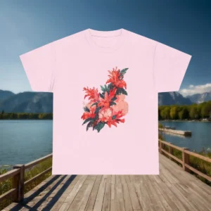 Flatlay of a pastel pink t-shirt with red and pink tropical flowers and green leaves design, displayed over a lake and mountain background.