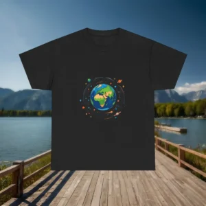 Flatlay of a black t-shirt with a colorful illustration of planet Earth surrounded by orbiting planets and stars, placed in front of a scenic lake and mountain background.
