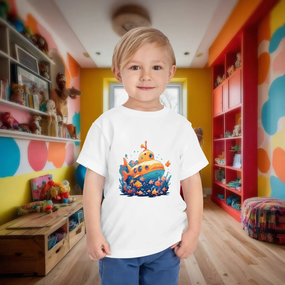 Child in white t-shirt with cartoon submarine and fish in an underwater scene