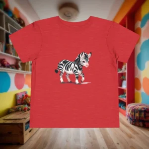 Flat-lay red toddler t-shirt with walking cartoon zebra graphic