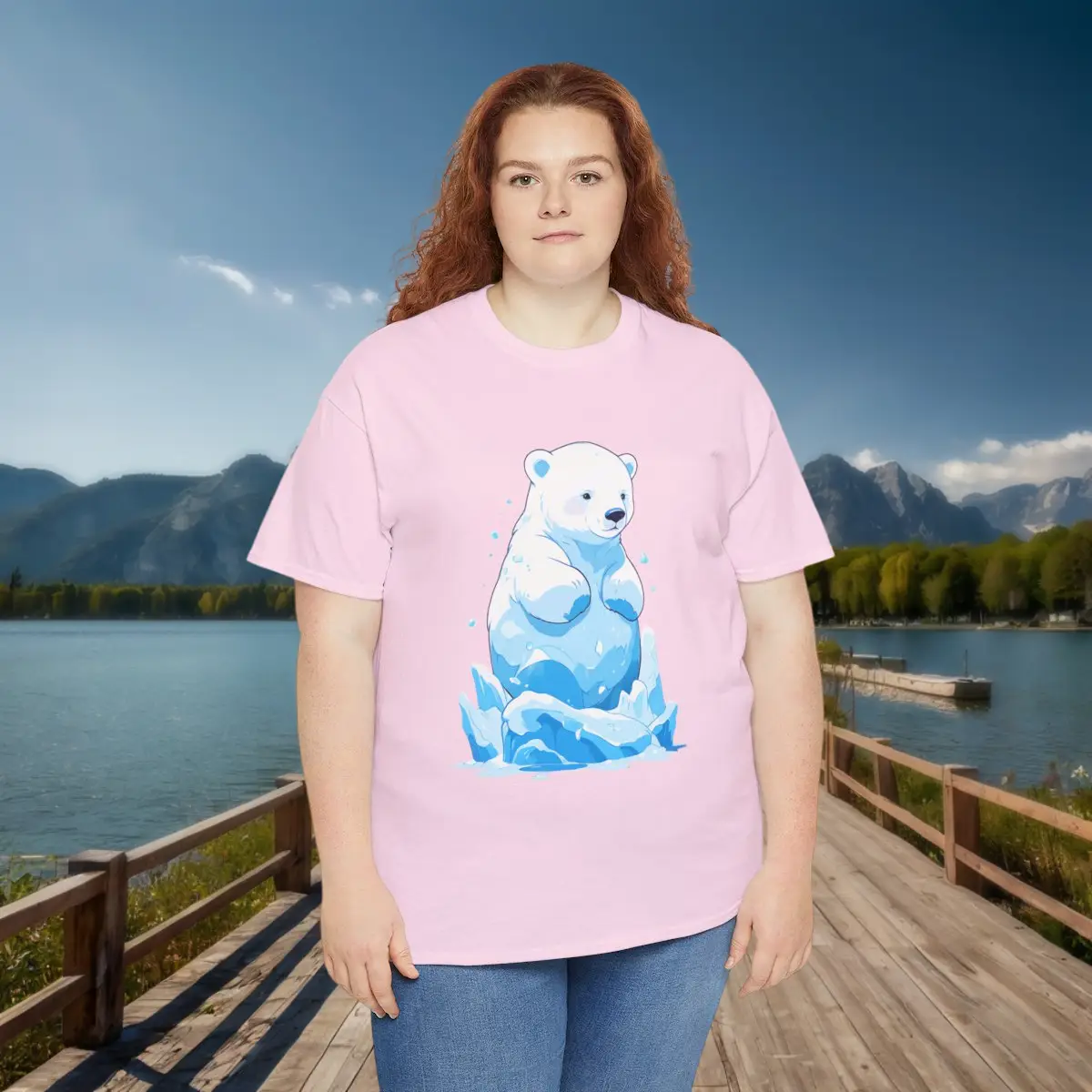 Woman in pink t-shirt with cartoon polar bear design Woman wearing a light pink t-shirt with a cute cartoon polar bear sitting on floating ice.