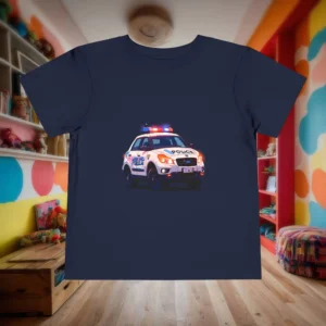 Flat-lay navy toddler t-shirt with a cartoon-style police car and flashing lights