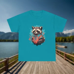 Flatlay of a turquoise t-shirt with a cartoon raccoon in a hoodie surrounded by colorful splashes.