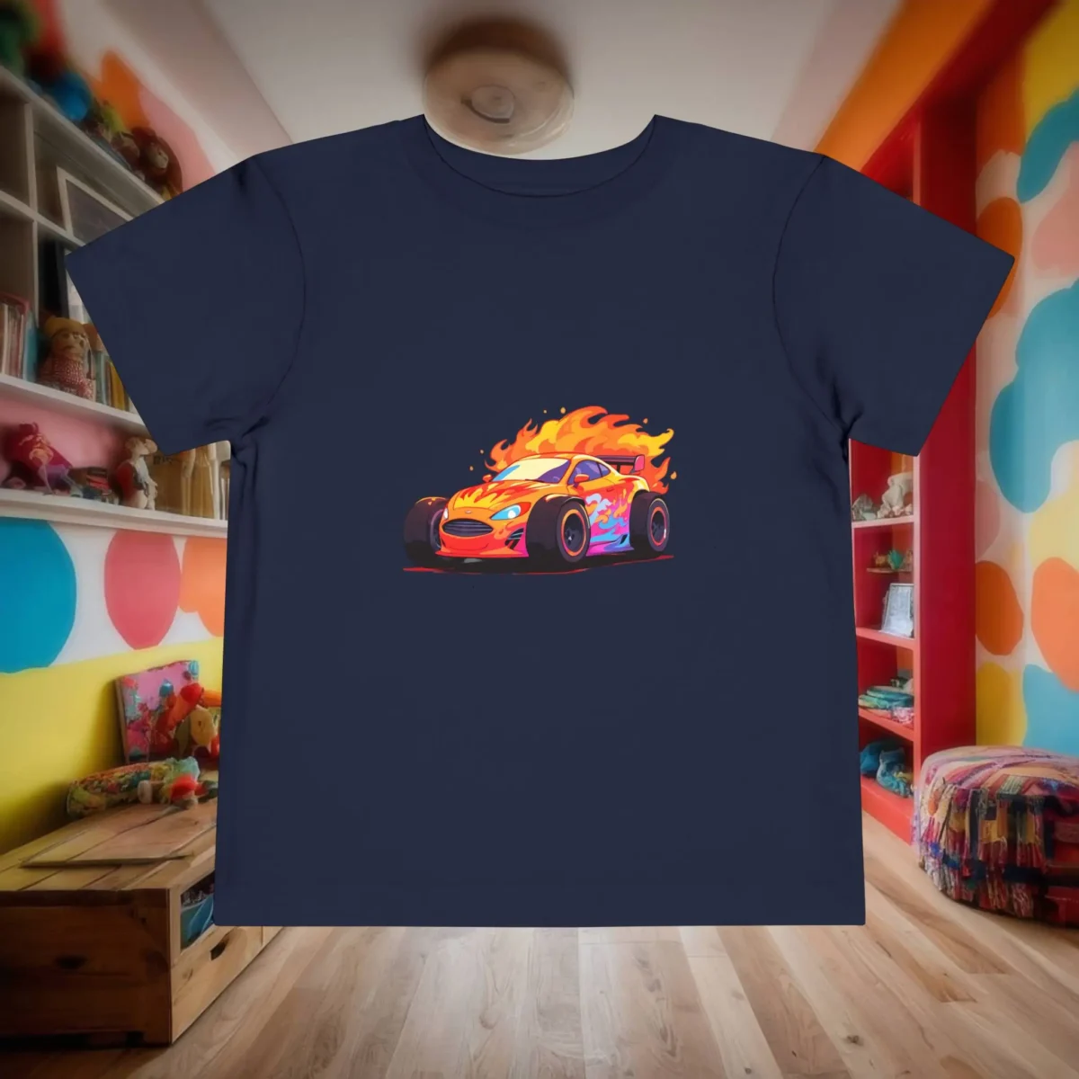 Flat-lay navy blue toddler t-shirt with cartoon race car engulfed in flames
