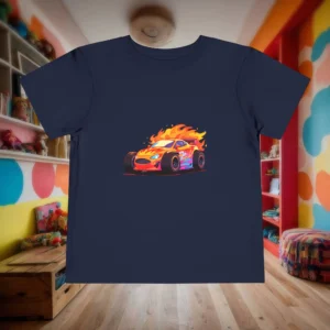 Flat-lay navy blue toddler t-shirt with cartoon race car engulfed in flames