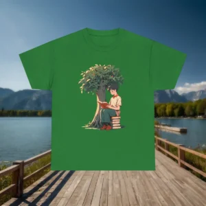 Flatlay of a green t-shirt featuring a young boy reading under a leafy tree while sitting on a stack of books.
