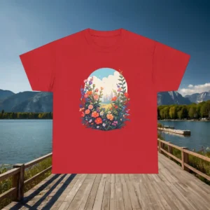 Flat lay of a red t-shirt with floral border framing a dreamy valley and castle.