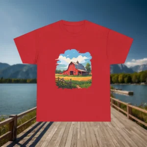 Red t-shirt with a countryside barn illustration, displayed on a dock with lake and mountains in the background.