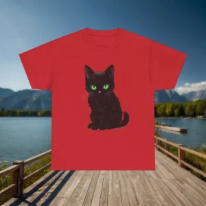Flat lay of red t-shirt with black cat illustration, displayed on a dock with mountain lake background.