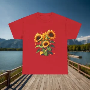 Flat lay of red t-shirt with blooming sunflower print, displayed on a wooden pier by the lake.