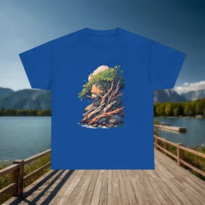 Flatlay of a royal blue t-shirt with a graphic of a windswept tree growing from rocks on a beach.