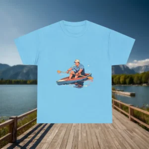 Flatlay of a light blue t-shirt with a colorful rowing illustration showing a man paddling a boat.