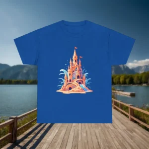 Flatlay of a blue t-shirt with an artistic fantasy-style sandcastle and ocean splash design.