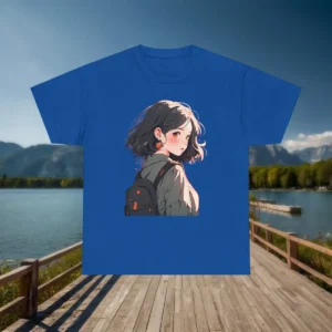 Flatlay of a blue t-shirt with an anime-style illustration of a girl looking back with a backpack.