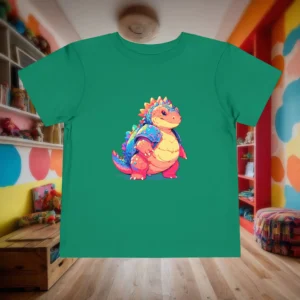 Flat lay of a green toddler t-shirt featuring a cute and colorful cartoon ankylosaurus.