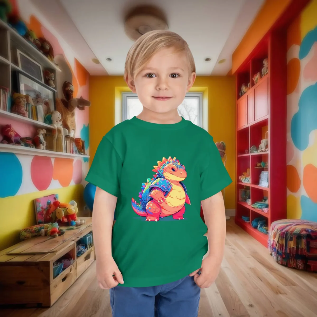 Child in a green t-shirt with a cute cartoon ankylosaurus in bright, fun colors.