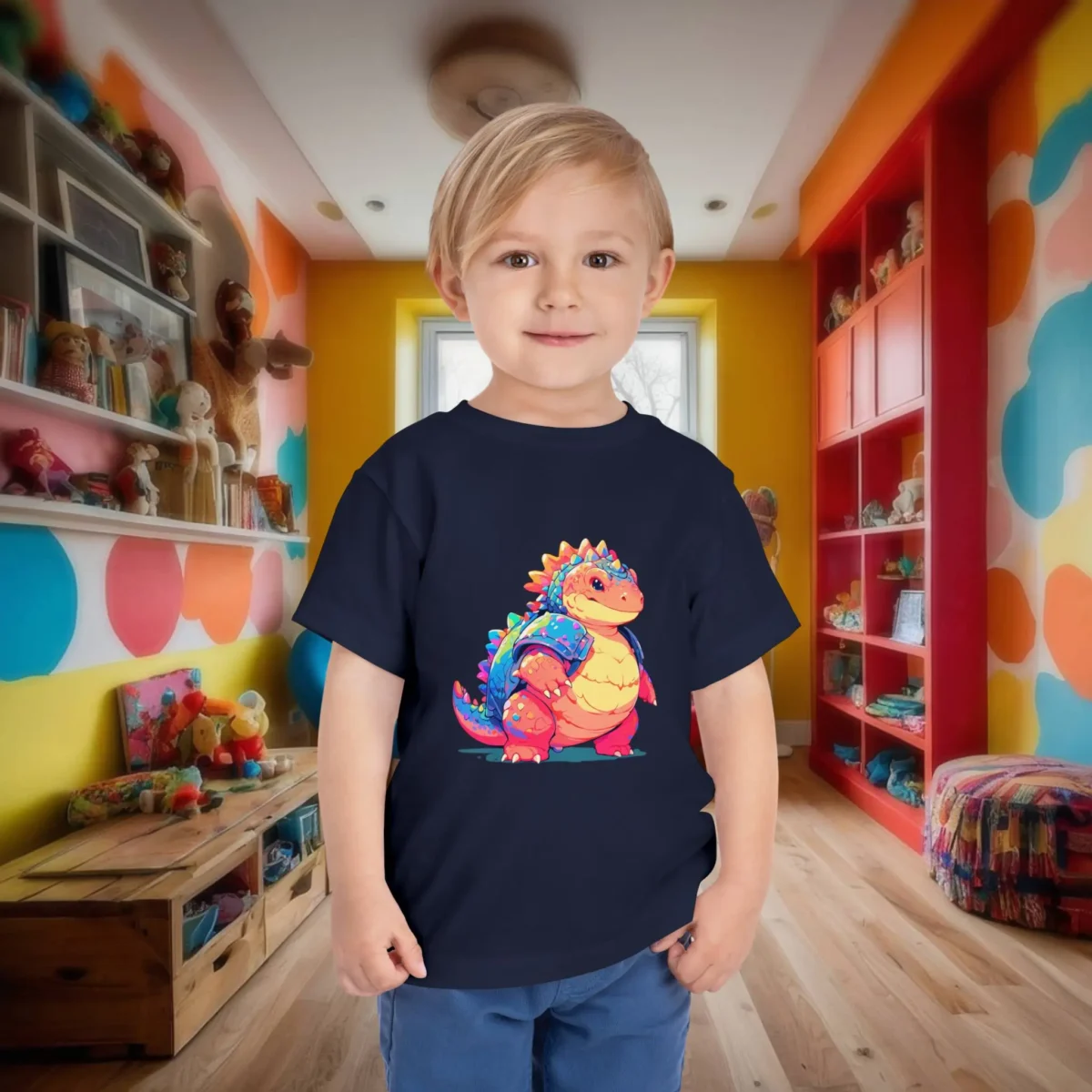 Toddler wearing a navy t-shirt with a vibrant ankylosaurus cartoon graphic.