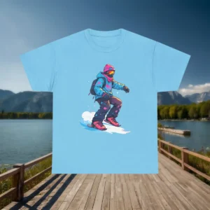 Flatlay of a light blue t-shirt with a dynamic and colorful snowboarder design in action.