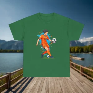 Flatlay of a green t-shirt with an anime soccer player in orange uniform kicking a football.