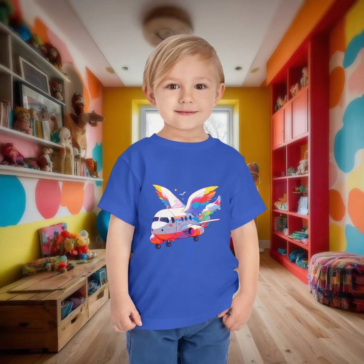 Toddler in a royal blue t-shirt featuring a cartoon airplane with vibrant rainbow wings.