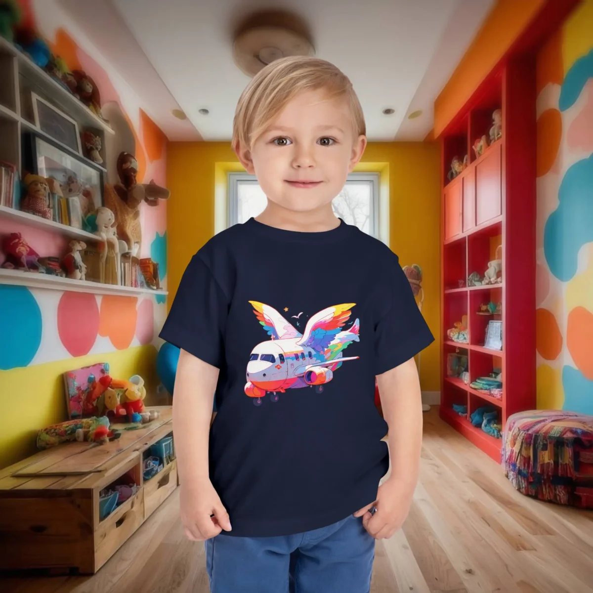 Toddler in a navy t-shirt with a fantasy airplane design featuring rainbow wings.