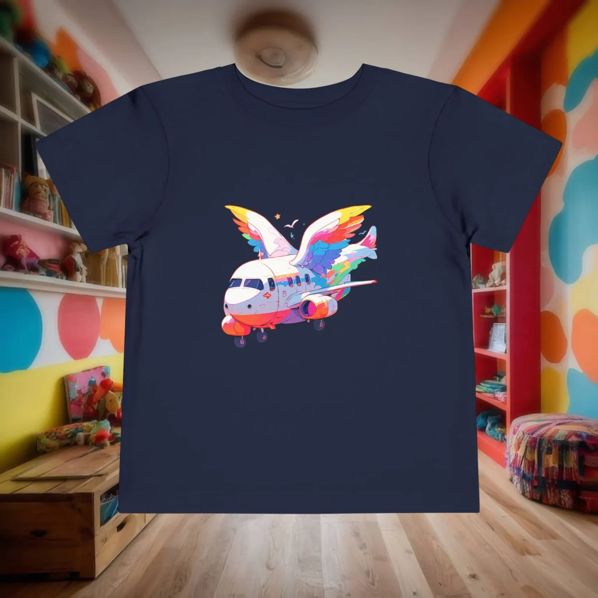 Flat lay of navy toddler t-shirt with a cartoon airplane and rainbow wings design.