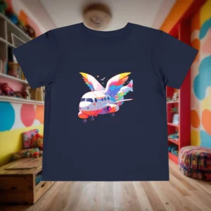 Flat lay of navy toddler t-shirt with a cartoon airplane and rainbow wings design.