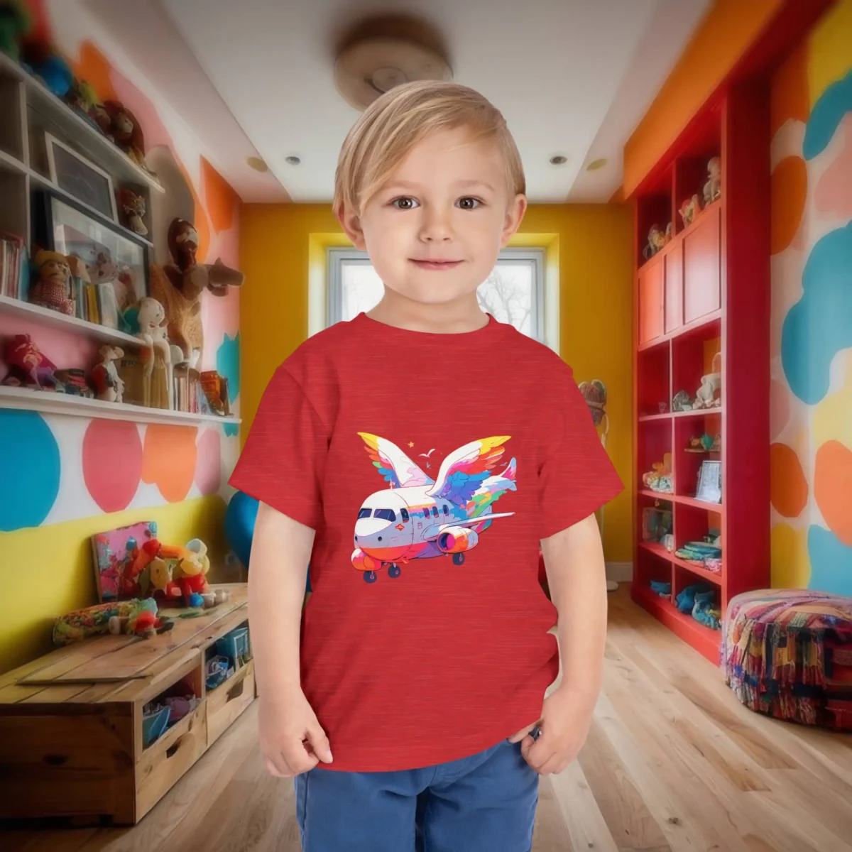 Toddler wearing a red t-shirt with a colorful cartoon airplane with rainbow wings.