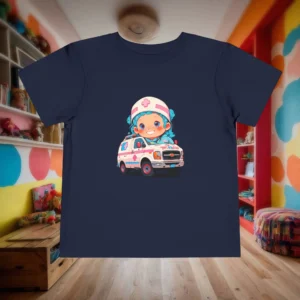 Flat lay of navy toddler t-shirt with cartoon nurse in ambulance design.