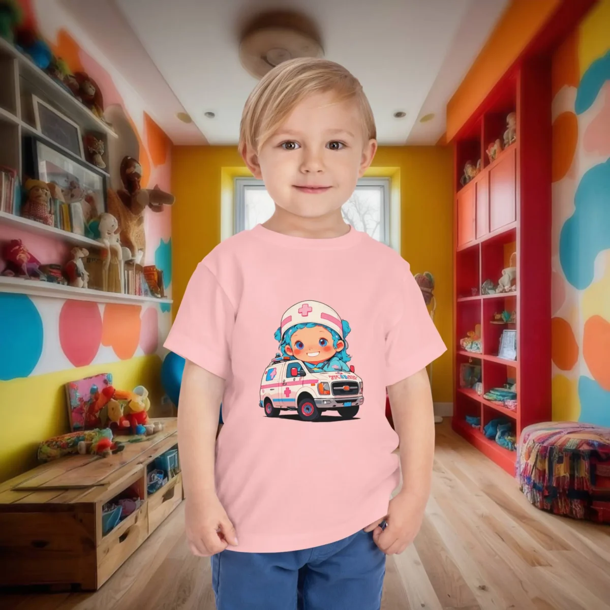 Toddler in a pink t-shirt with a cartoon ambulance and nurse illustration.