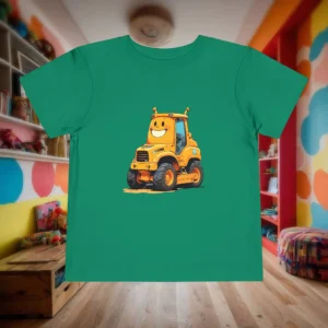 Flat lay of green toddler T-shirt with a smiling cartoon bulldozer graphic