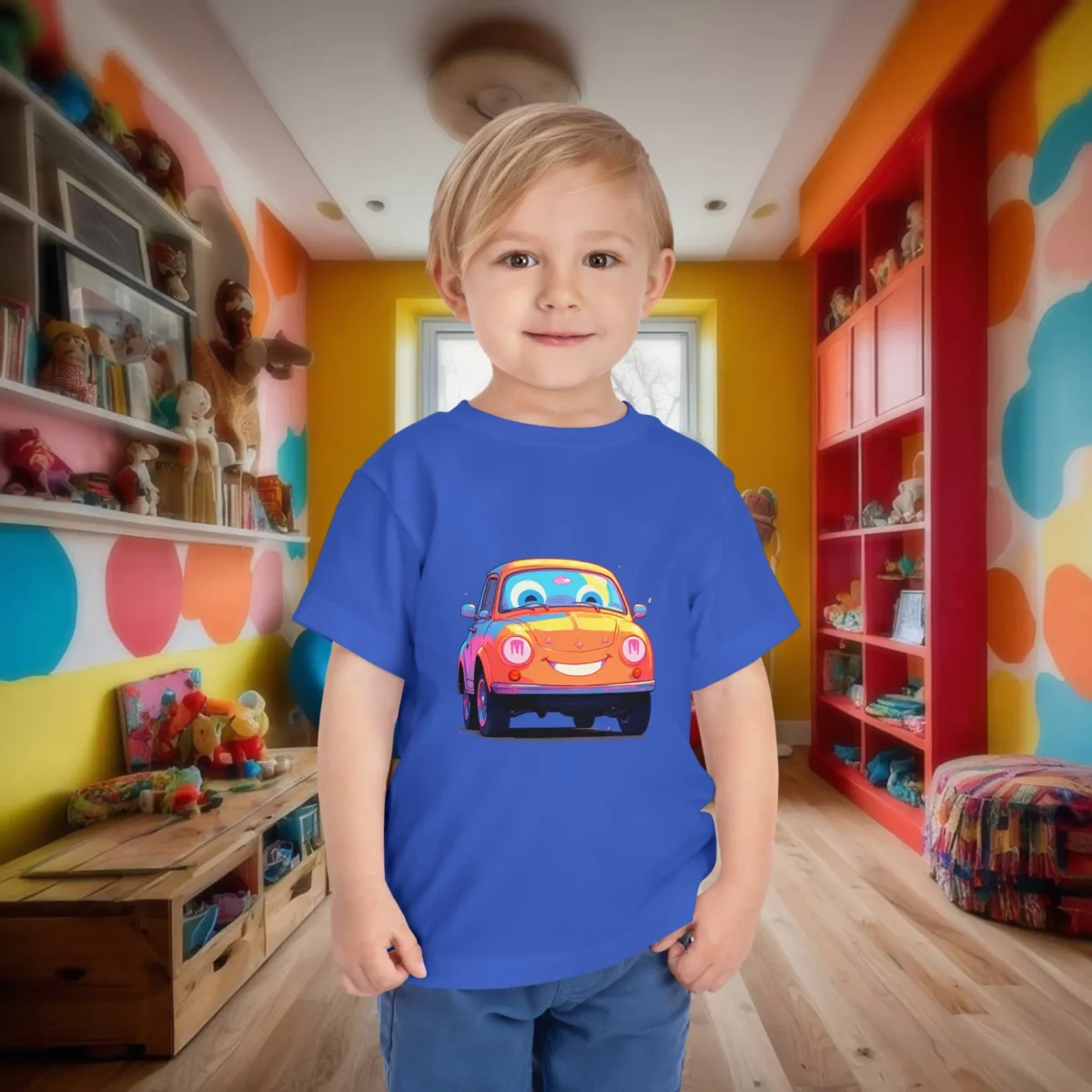 Toddler wearing a blue T-shirt with a fun cartoon car graphic