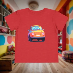 Flat lay of red toddler T-shirt featuring a smiling cartoon car design