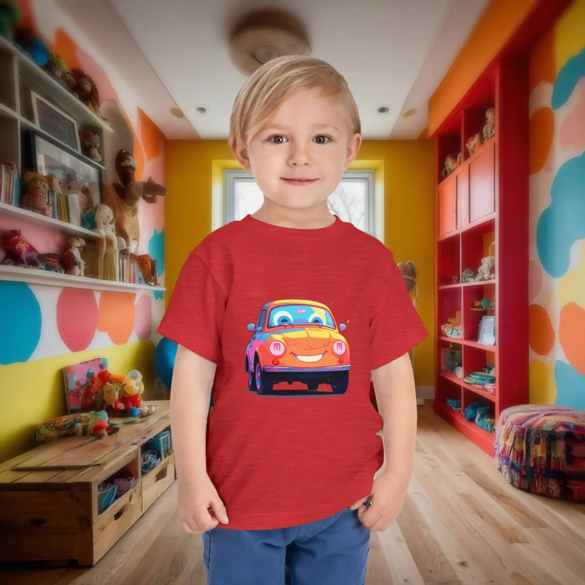 Toddler boy in red heathered T-shirt with a smiling cartoon car design