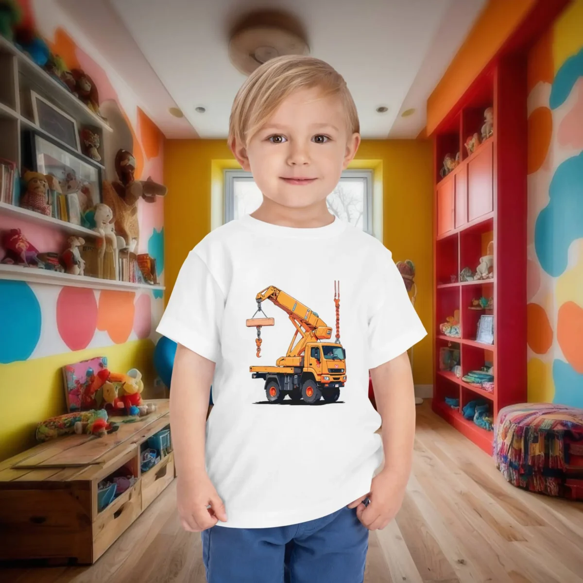Toddler in white T-shirt featuring a colorful construction crane truck graphic