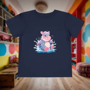 Flat navy toddler T-shirt with cartoon hippo splashing in water