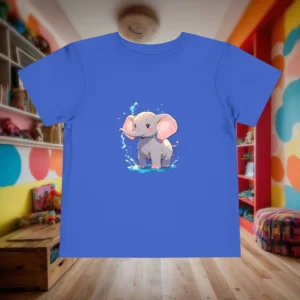 Royal blue toddler t-shirt with cute elephant design displayed flat in a colorful room.