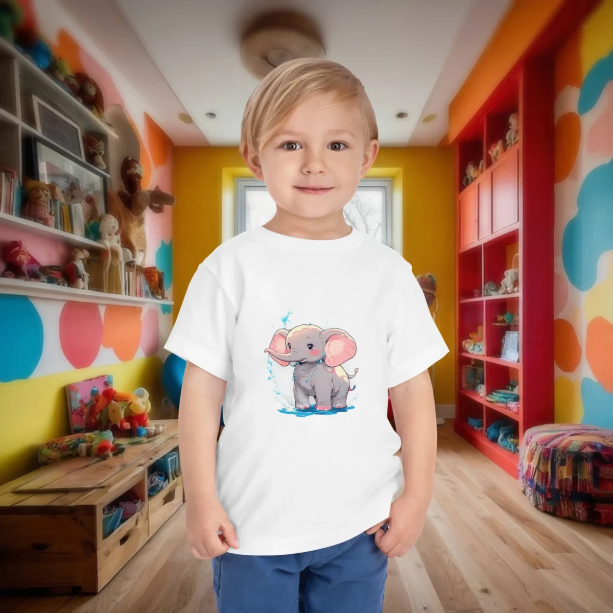 Toddler wearing a white t-shirt with a cute cartoon elephant design in a colorful playroom.