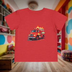 Flat lay of a red heather toddler t-shirt with a cartoon-style fire truck illustration