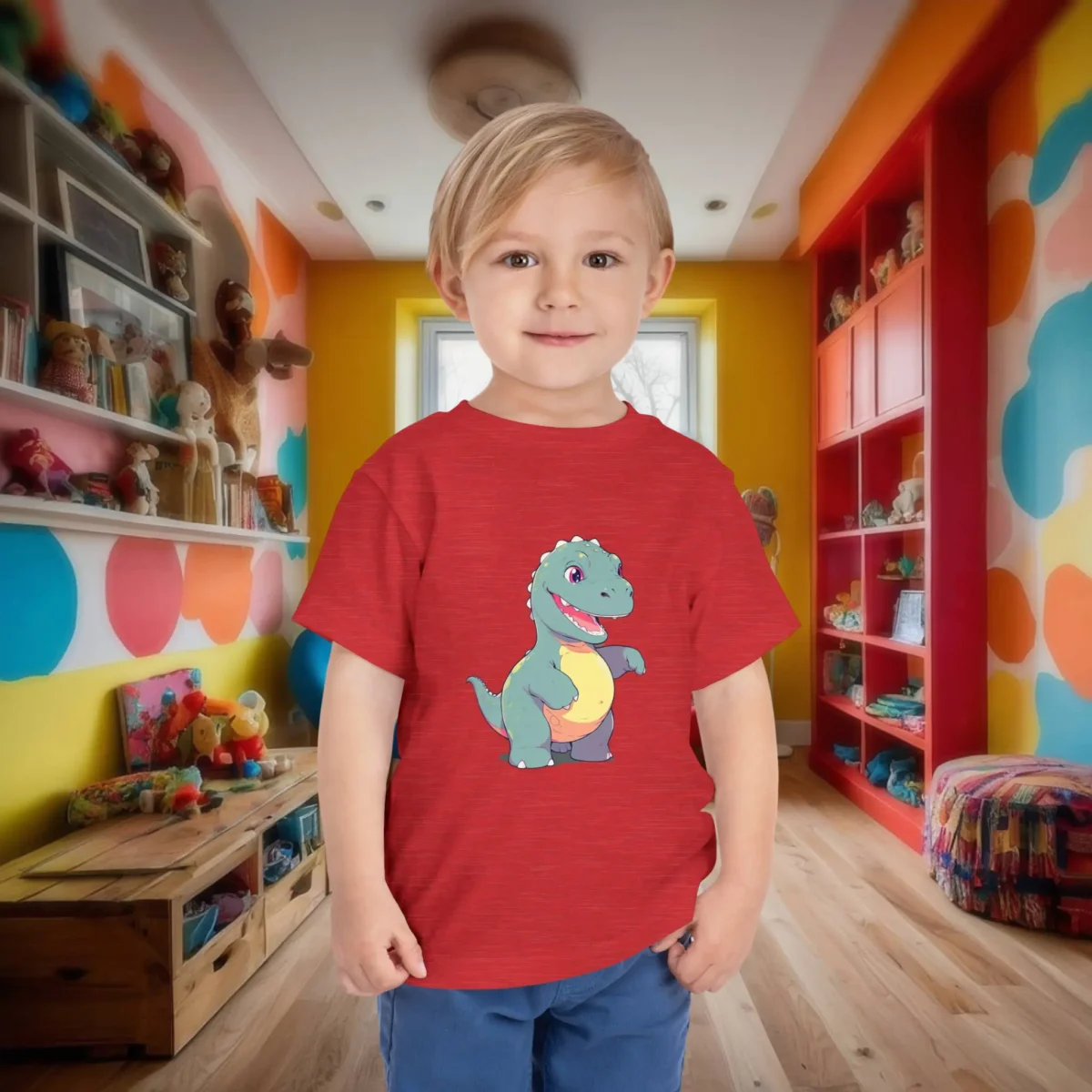 Toddler boy in a red heather t-shirt with a cartoon brontosaurus dinosaur print