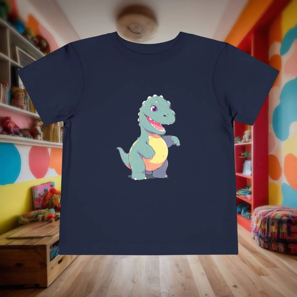 Flat lay of navy toddler t-shirt with cute brontosaurus cartoon illustration