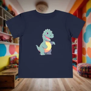 Flat lay of navy toddler t-shirt with cute brontosaurus cartoon illustration