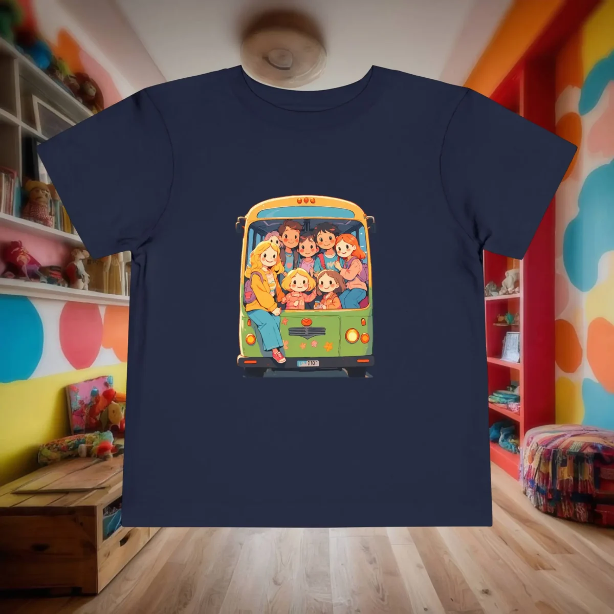 Flat lay of navy toddler t-shirt with cute cartoon kids on a green school bus