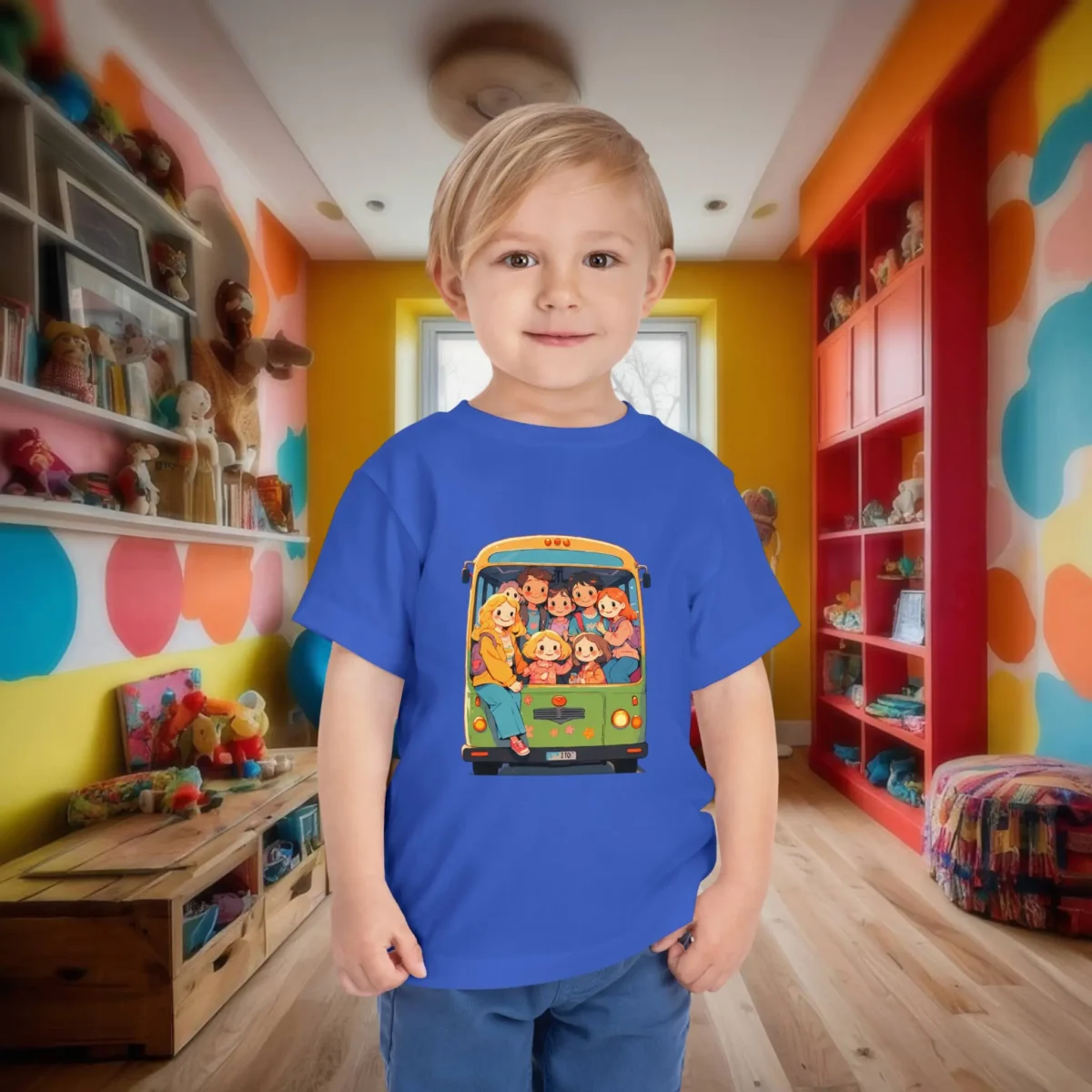 Toddler boy wearing a royal blue t-shirt with a cartoon school bus and smiling kids