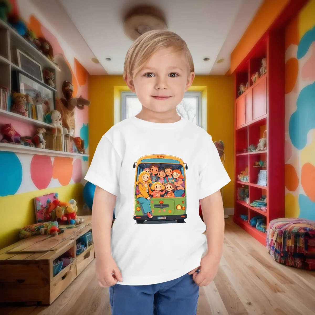 Toddler wearing a white t-shirt with a colorful cartoon of kids on a school bus