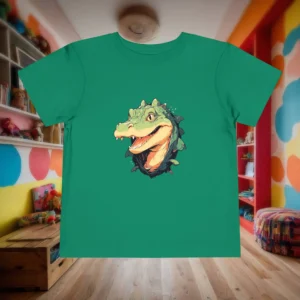 Flat lay of green toddler t-shirt with dynamic crocodile illustration