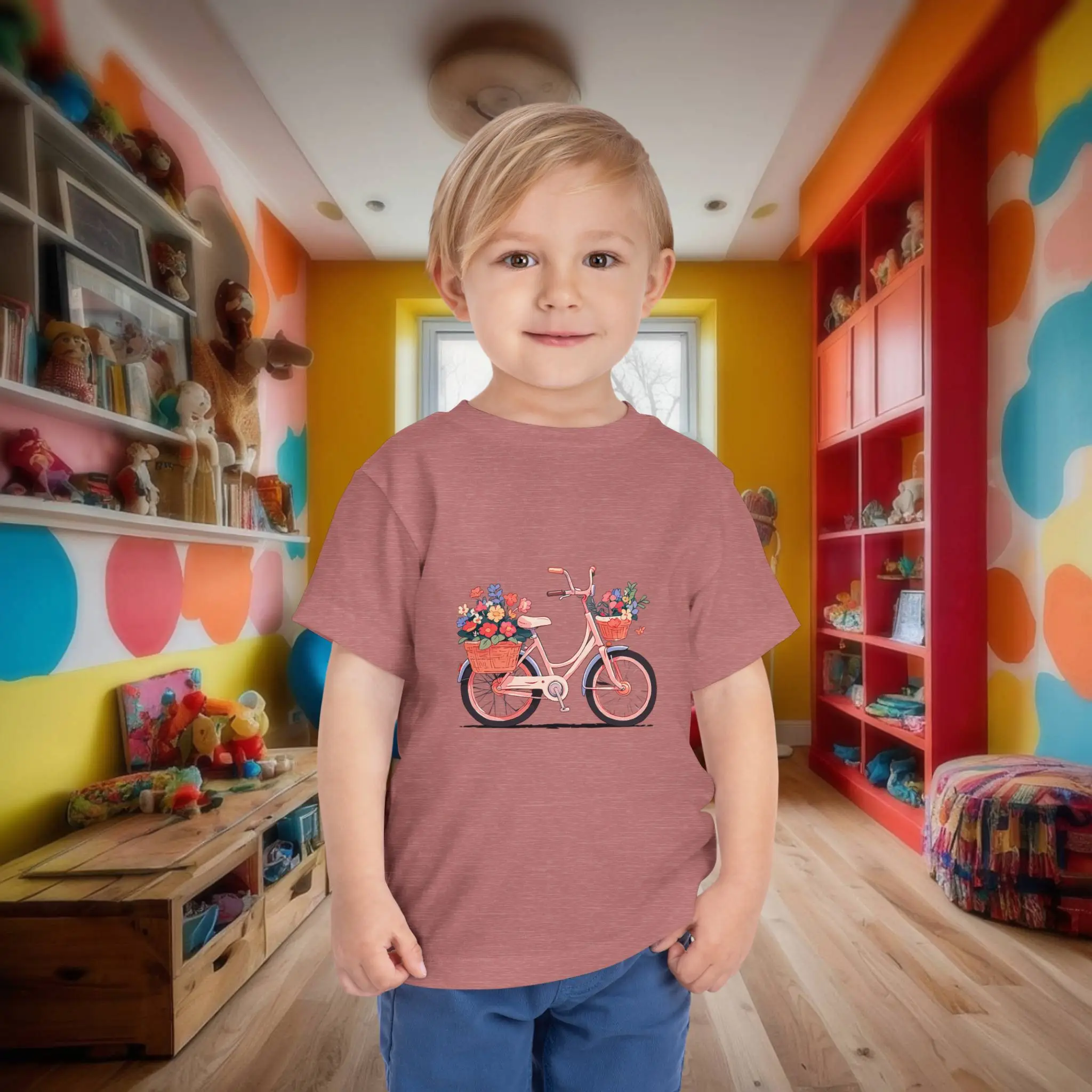 Heather dusty rose toddler tee with flower basket bike graphic Toddler in a dusty rose t-shirt with vintage bicycle and flowers illustration