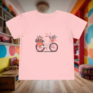 Flat lay of pink toddler t-shirt with a bicycle and flower baskets print