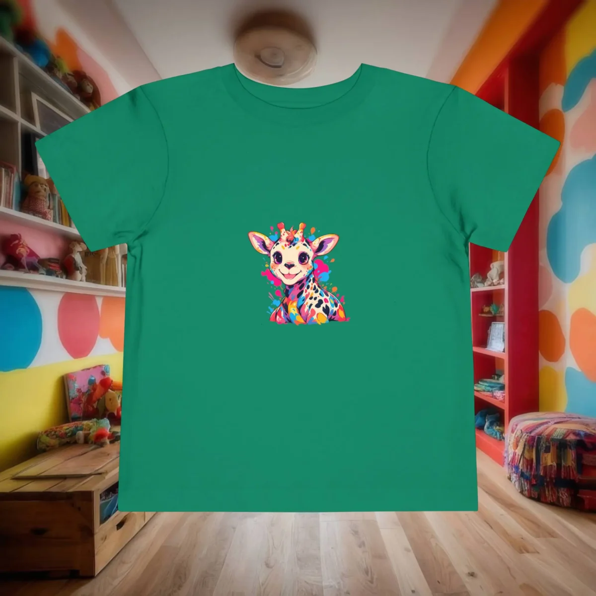 Flat lay of green toddler t-shirt with a colorful baby giraffe design